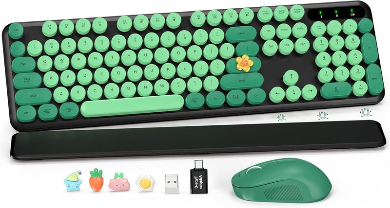 SABLUTE Wireless Keyboard and Mouse Combo-Round Keycaps, Full-Size Retro Typewriter Keyboard with Detachable Wrist Rest, Sleep Mode & Tilt Legs, 2.4GHz Cordless Connection for Mac/Windows/PC (Black & Green) - Image 1